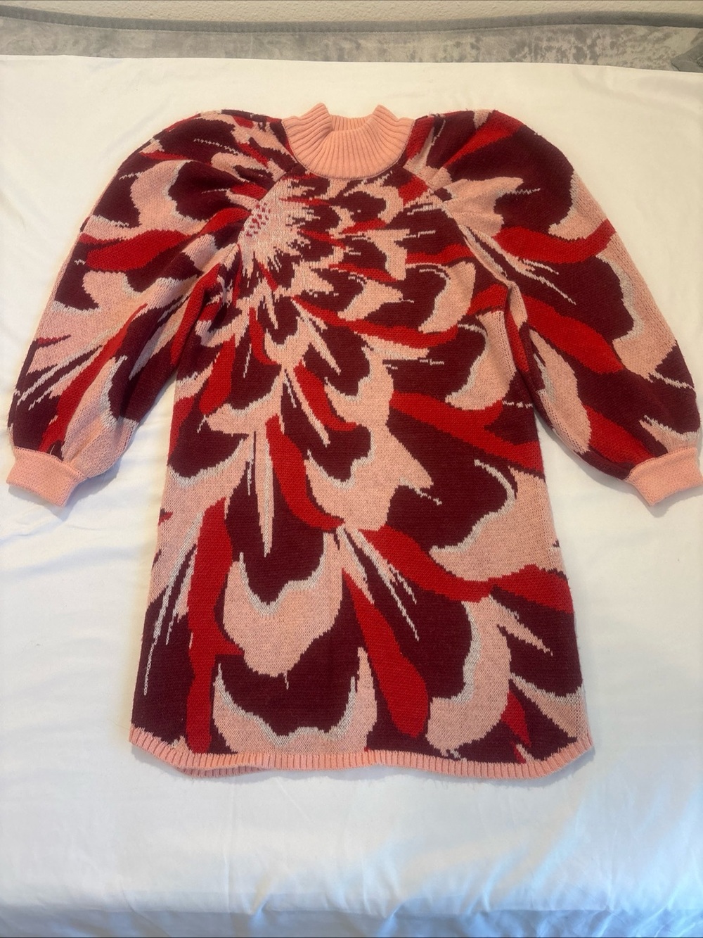 Farm Rio Flower Knit Sweater Dress Pink Balloon Sleeves Large Artsy Wool Blend